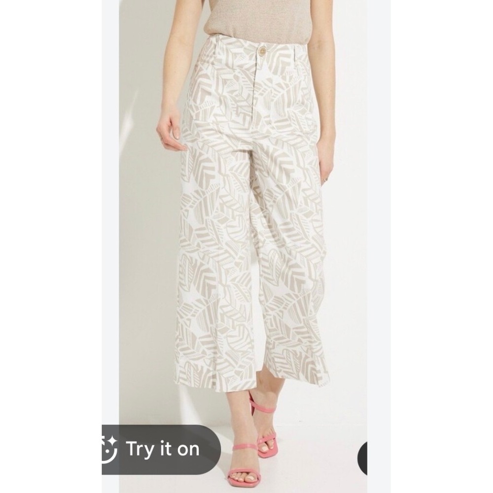 Joseph Ribkoff Neutral Palm Leaf Print Wide Leg Pants High Rise Beige White 8